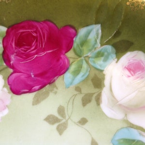 Puede incluir: Un plato de porcelana vintage con fondo verde y dise&ntilde;o floral. El plato presenta dos rosas, una rosa y una blanca, con hojas y enredaderas verdes.