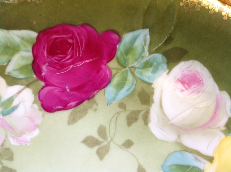 Puede incluir: Un plato de porcelana vintage con fondo verde y dise&ntilde;o floral. El plato presenta dos rosas, una rosa y una blanca, con hojas y enredaderas verdes.
