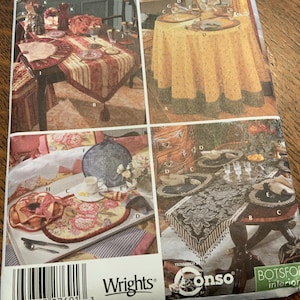 May include: A multi-panel image showcasing various table setting designs. Featured are tablecloths, placemats, and runners in diverse patterns and colors, including floral, striped, and patterned designs. The image also includes text from "Wrights" and "Botsford Interior".