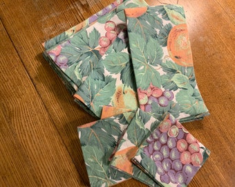 Dinner Napkins, Set of 4 Cotton Napkins, Set of 4 Cocktail/Dessert, Mitered Corner  Napkins, Grape and Fruit Designs*