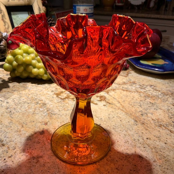 Fenton Pedestal Candy Dish or Compote, Amberina Thumbprint, 1960’s, Original Label