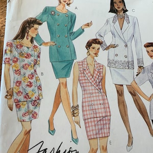 May include: A sewing pattern featuring four different styles of double-breasted jackets. The jackets are in a variety of colors and patterns, including floral, plaid, and solid.