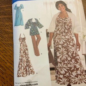 May include: A sewing pattern featuring illustrations of various dresses and separates. The main image showcases a woman wearing a brown and white floral halter dress. Other designs include a blue dress, a floral top with pants, and a halter dress.