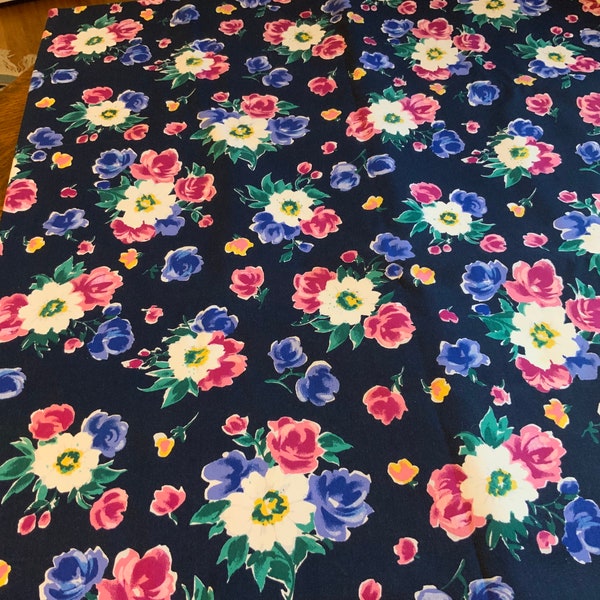 Cotton Printed Fabric, Navy Blue with Flowers, Floral Cloth, Fringed Edges, 74x57, Cotton Decorator Fabric