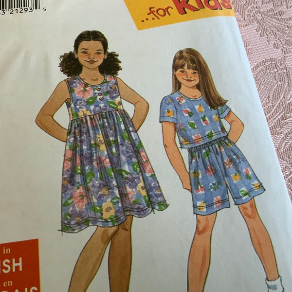 Simplicity Pattern 8042, Girls Dress Top Shorts Pattern, Easy Sew Sizes 7 8 10 12 14 16, Uncut  1990’s Pattern