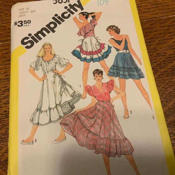 Simplicity 5851, Ruffled Skirt Pattern, Size 10 Vintage 1982, 2 Lengths, 4 Styles