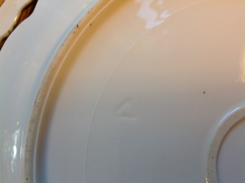 Puede incluir: Plato de cer&aacute;mica blanco con borde festoneado. El plato tiene una peque&ntilde;a marca triangular en la parte inferior.