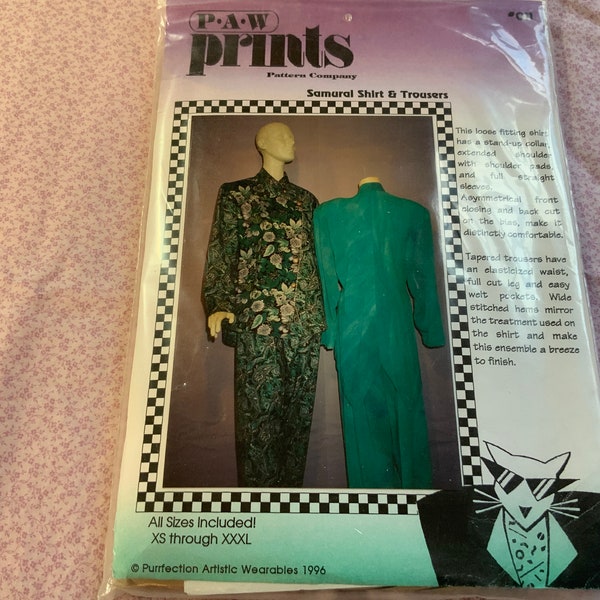 Shirt and Trouser Pattern, Misses XS-XXXL  6-32, Uncut 1996 Pattern, Samarai Shirt and Tapered Trousers, P A W Prints Pattern