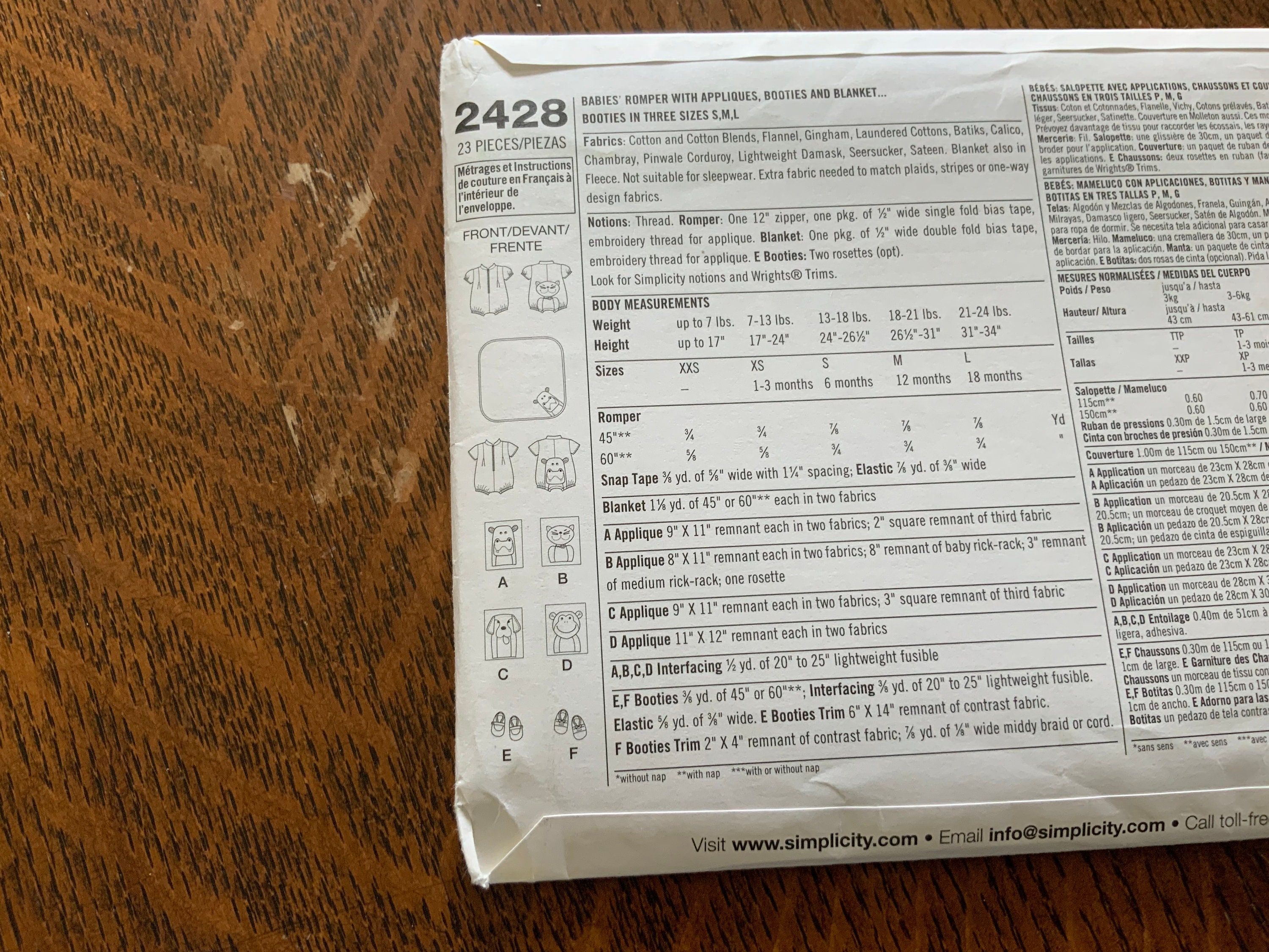 Simplicity 2428, Baby Pattern, Uncut XXS 7lbs. to L 24lbs., Romper