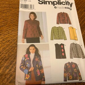 May include: A Simplicity 6madeeasy sewing pattern envelope for jackets and vests in sizes L and XL. The front displays illustrations and photographs of various jacket styles, including floral prints, solid colors, and diamond-patterned designs.