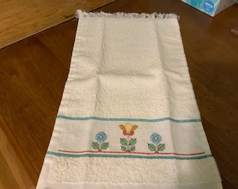 Hand Towel, Embroidered Cross Stitched Hand Towel, Purchased Towel with  my Cross Stitch
