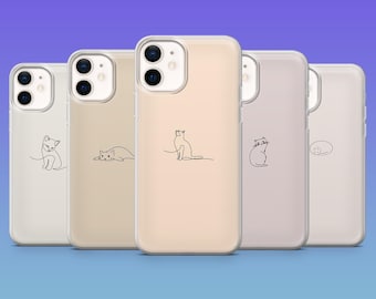 Może przedstawiać: Pięć etui na telefon w rzędzie, każde w innym pastelowym kolorze. Każde etui ma minimalistyczny czarny rysunek linii kota w różnych pozach. Etui są przeznaczone do smartfona.