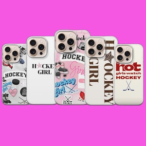 May include: A collection of phone cases with hockey-themed designs. The cases feature text like "HOCKEY GIRL" and "hot girls watch HOCKEY", along with hockey sticks, hearts, and skates. The cases are white with various graphic designs.