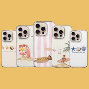 May include: Five phone cases with beach-themed illustrations. One features pink and white stripes, another a sunbathing hot dog, and another a monkey on a surfboard. The cases have text that reads "life is better by the beach" and "The sea calls me".