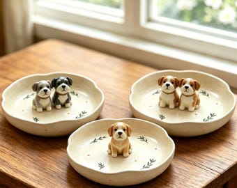 パーソナライズ可能な3D彫刻犬のフィギュアリングディッシュ、手描きセラミックジュエリートレイ、ペット記念日ギフト