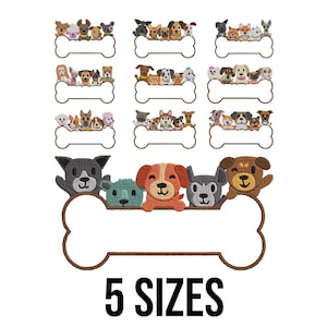 May include: Embroidered dog bone designs with various dog breeds. Each bone has a blank space for customization. The image also displays the text "5 SIZES" in bold, black font.