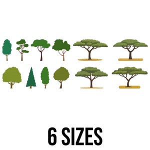 May include: A collection of illustrated green trees, including different types of conifers and deciduous trees, set against a white backdrop. The text "6 SIZES" is displayed in bold, black font at the bottom of the image. The trees are in a cartoon style.