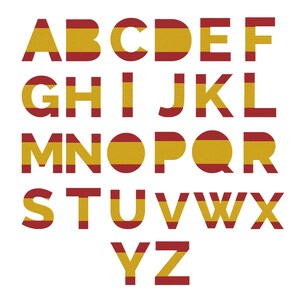 May include: A complete set of uppercase English alphabet letters from A to Z. Each letter features a horizontal tricolor pattern consisting of a wide yellow band centered between two thinner red bands, mimicking the Spanish national flag design.