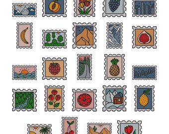 Nature Postage Stamps Embroidery Design - Fruits Postage Stamps Embroidery Design - Travel Scenery Machine Embroidery Design Files - 8 Sizes