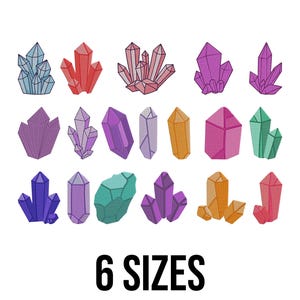 以下が含まれることがあります： 青、赤、ピンク、紫、オレンジ、緑など、さまざまな形とサイズのカラフルなクリスタルのイラストのコレクション。「6 SIZES」というテキストが画像の下部に太字の黒で表示されています。
