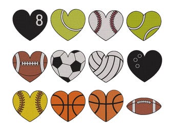 Heart Sports Balls Embroidery Design - Heart Shape Balls Embroidery - Heart Shape American Ball Machine Embroidery Design Files - 8 Sizes