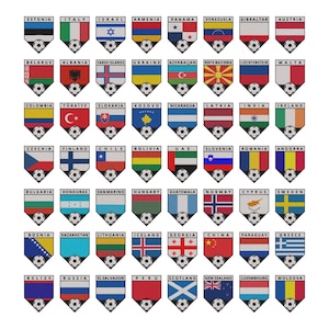 May include: A grid of sixty-four shield-shaped emblems, each featuring a national flag and the name of the country above it. At the bottom of every shield is a small black and white soccer ball graphic. The flags represent various nations globally.
