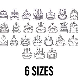 Puede incluir: Ilustración en blanco y negro de varios pasteles de cumpleaños con velas. La imagen incluye pasteles de diferentes formas y tamaños, con el texto "6 SIZES" en negrita, fuente negra en la parte inferior.