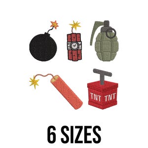 May include: Embroidered patches featuring a black bomb, red dynamite sticks, a green grenade, and a red TNT box. The text "6 SIZES" is displayed in black at the bottom of the image.