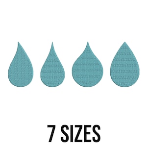 May include: Four teal teardrop shapes with a textured pattern are arranged horizontally on a white background. Below the teardrops, the text "7 SIZES" is displayed in black, indicating the availability of different sizes for the design.