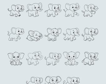 Elephant Outline Embroidery Design - Cute Playing Baby Elephant Embroidery - Funny Zoo Elephant Machine Embroidery Design Files - 8 Sizes