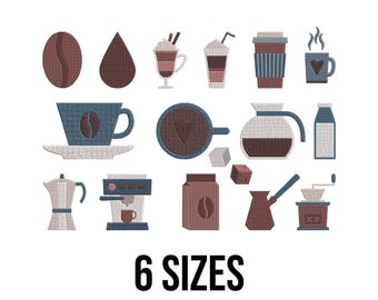 May include: A collection of embroidered coffee-themed designs in shades of brown, blue, and white. The image includes a coffee bean, a coffee drop, various coffee drinks, a coffee cup, a coffee pot, and a coffee grinder. The text "6 SIZES" is at the bottom.