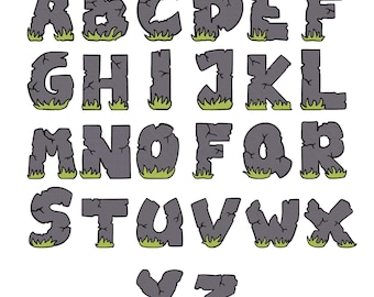Disegno per ricamo con caratteri in pietra - Disegno per ricamo con lettere in blocchi di pietra - Alfabeto con roccia ed erba - File per ricamo a macchina - 8 dimensioni