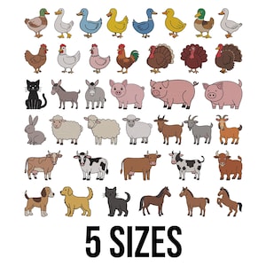 May include: A selection of hand-drawn farm animal illustrations, including ducks, chickens, pigs, sheep, goats, cows, dogs, cats, and horses. The text "5 SIZES" is displayed in a bold, black font at the bottom of the image.