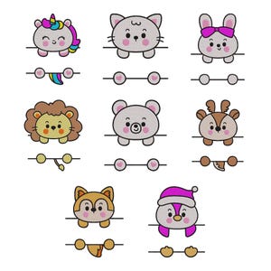 May include: A collection of eight embroidered-style digital illustrations featuring cute animal heads including a unicorn, cat, rabbit, lion, bear, deer, fox, and penguin, each positioned above a horizontal line with their paws or tails below.