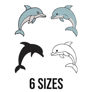 Könnte beinhalten: Das Bild zeigt vier Delfin-Designs. Zwei sind hellblau mit weißen Details, eines ist eine schwarze Silhouette und das letzte ist eine weiße Umrisszeichnung. Der Text "6 SIZES" ist in fetter schwarzer Schrift. Ideal für Bastelarbeiten.