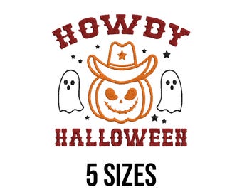 Diseño de bordado "Hola Halloween" - Diseño de bordado de calabaza vaquera - Diseño de bordado del oeste - Archivos de diseño de bordado a máquina - 5 tamaños