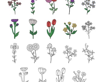 Botanical Flowers Embroidery Design - Common Flowers Outline Embroidery Design - Rose Tulips Daisy Machine Embroidery Design Files - 6 Sizes
