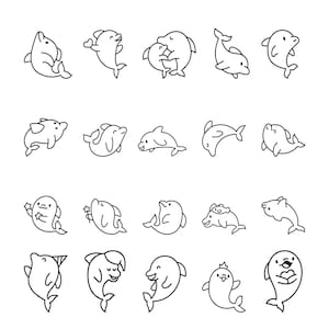 Peut inclure: Une collection de vingt illustrations en noir et blanc au trait représentant divers dauphins dans différentes poses. Les dauphins sont dessinés avec des contours simples et nets, les montrant en train de nager, sauter, tenir des étoiles ou porter des chapeaux.