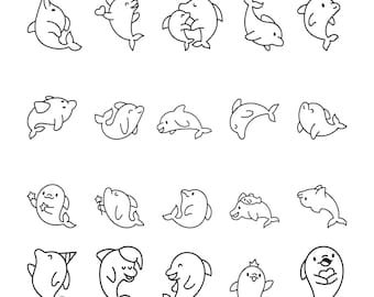 Dolphin Outline Embroidery Design - Cute Smiley Funny Dolphin Set Embroidery Design - Ocean Animal Machine Embroidery Design Files - 8 Sizes
