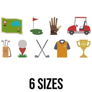 Può includere: Una collezione di toppe ricamate a tema golf. Le toppe includono una mappa del campo da golf, una buca da golf con una bandiera, un guanto da golf, un carrello da golf rosso, una sacca da golf con mazze, una pallina da golf su un tee, mazze da golf incrociate, una camicia da golf e un trofeo d'oro. Il testo "6 SIZES" è in basso.