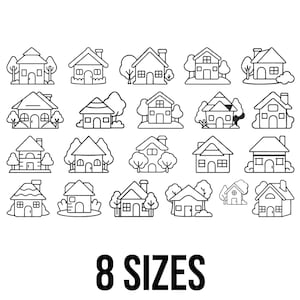 May include: A collection of black and white line art house illustrations in various styles, with trees and other details. The text "8 SIZES" is displayed below the illustrations.