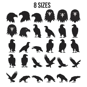 May include: A collection of black eagle silhouettes in various poses and sizes. The image includes the text "8 SIZES" at the top, indicating the availability of different design options. The eagles are depicted in profile, front-facing, and in flight.
