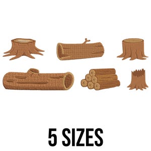 Può includere: Un'illustrazione di vari elementi in legno ricamati marroni, tra cui tronchi, ceppi e una pila di tronchi. Il testo "5 SIZES" è visualizzato in nero, indicando diverse opzioni di dimensioni per i disegni.