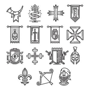 Puede incluir: Una colección de catorce iconos de arte lineal en blanco y negro con temas medievales. El conjunto incluye ilustraciones de un cuerno de caza, una espada con cinta, varias cruces heráldicas, estandartes con motivos de castillos y espadas, escudos, cascos, una flor de lis y un arco con flecha.