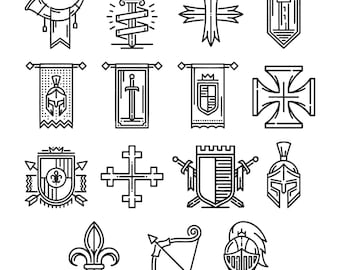 Set di cavalieri medievali - Disegno per ricamo - Ricamo di combattenti - File di ricamo a macchina con croce e scudo di cavaliere medievale - 8 dimensioni