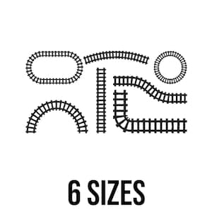 May include: Black and white illustration of six different sizes of toy train tracks. The tracks include straight, curved, and circular shapes. The text "6 SIZES" is displayed in a bold, black font at the bottom of the image.