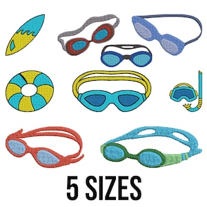 May include: An assortment of embroidered swimming-themed designs, including goggles, a surfboard, a life preserver, and a snorkel. The text "5 SIZES" is displayed below the designs. The designs are in shades of blue, yellow, red, and green.