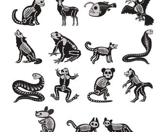 Disegno per ricamo di scheletri di animali carini - Silhouette di ossa di animali ricamate - File di ricamo a macchina di mini animali spettrali - 8 dimensioni