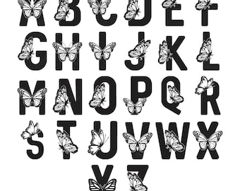 Ricamo con carattere a farfalla - Lettere dell'alfabeto a forma di farfalla volante per ricamo monogramma - File di ricamo a macchina - 6 dimensioni