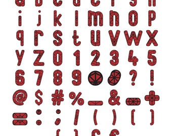 Disegno per ricamo a macchina di monogrammi con caratteri minuscoli a ragnatela - Lettere, cifre e numeri dell'alfabeto da supereroe - 8 dimensioni